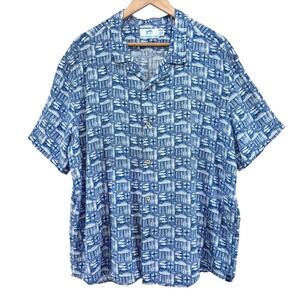 Southern Tide Men Linen Blend Camp Shirt XXL Short Sleeve Blue Nautical Fish